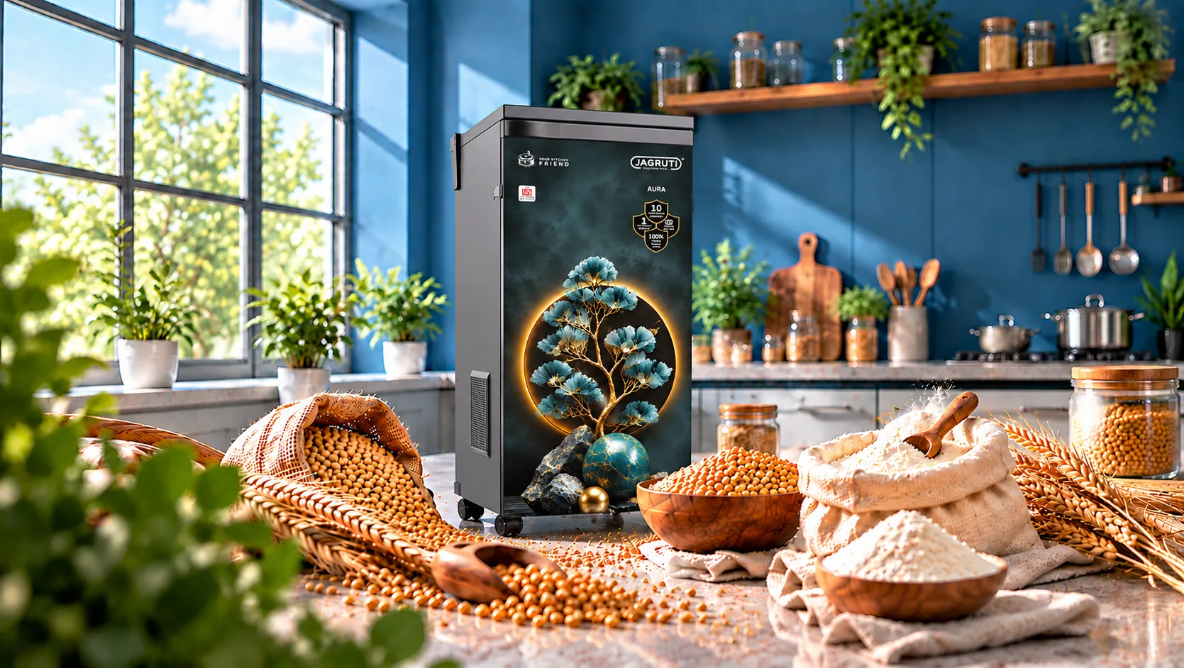 Jagruti Aura domestic flour mill in a sunlit kitchen with wheat and fresh flour